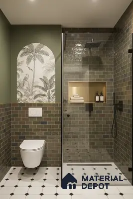 Modern bathroom with olive green subway wall tiles, black-and-white geometric floor tiles, and tropical accent mural | Material Depot