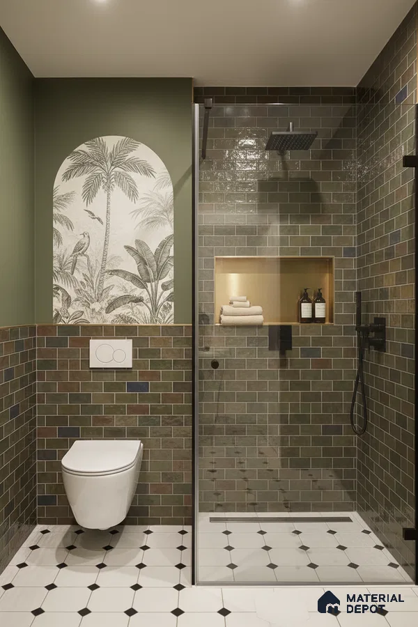 Modern bathroom with olive green subway wall tiles, black-and-white geometric floor tiles, and tropical accent mural | Material Depot