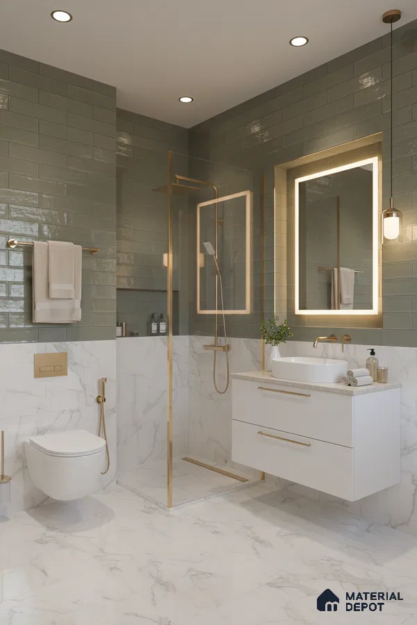 Modern bathroom with olive green subway wall tiles, white marble-look tiles, and gold accents | Material Depot
