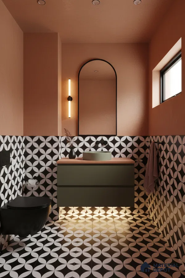 Modern bathroom with olive green vanity, geometric black-and-white patterned tiles, and matte black fixtures in Bengaluru | Material Depot