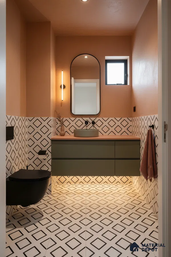 Modern bathroom with olive green vanity, geometric black-and-white wall and floor tiles, and terracotta wall paint in Bengaluru | Material Depot