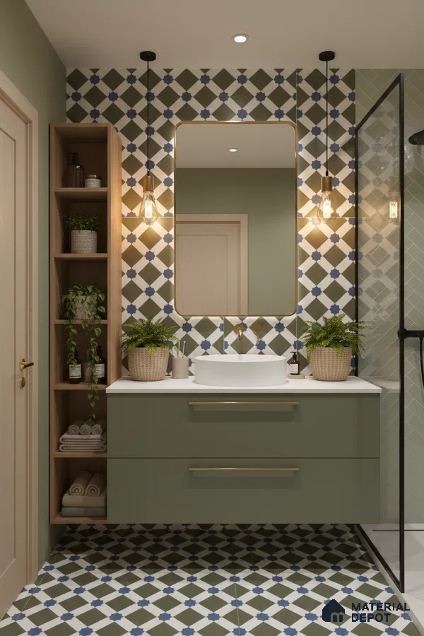 Modern bathroom with olive green vanity, geometric patterned tiles, and white countertop in Bengaluru | Material Depot