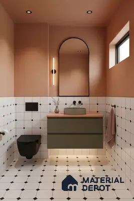 Modern bathroom with olive green vanity, peach wall paint, and white geometric floor and wall tiles in Bengaluru | Material Depot