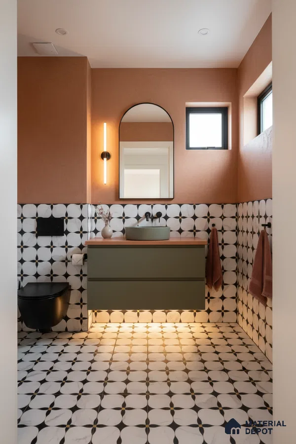 Modern bathroom with olive green vanity, terracotta wall paint, and black-and-white geometric patterned tiles in Bengaluru | Material Depot