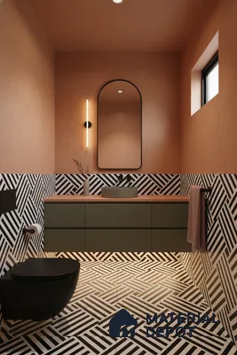 Modern bathroom with olive green vanity, terracotta wall paint, and black-and-white geometric patterned tiles in Bengaluru | Material Depot