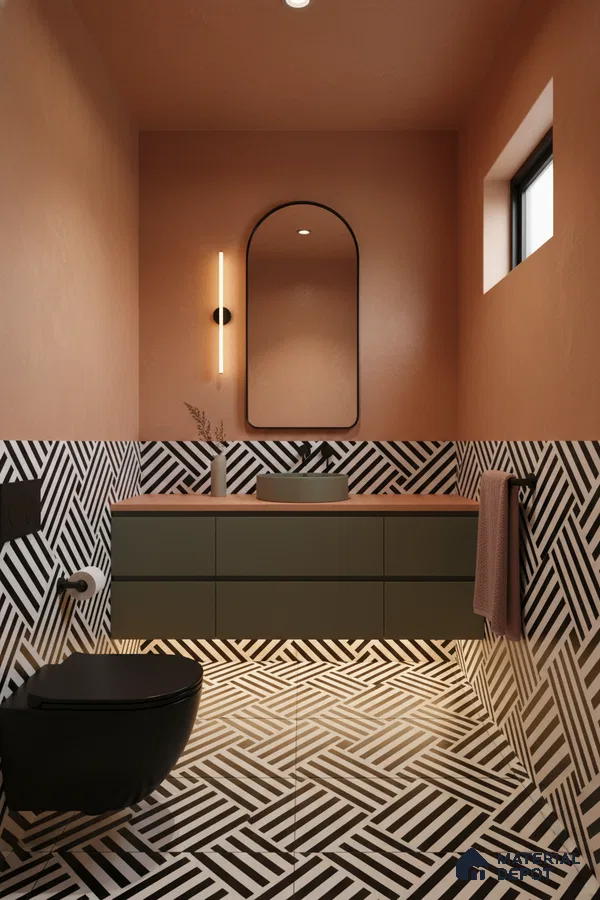 Modern bathroom with olive green vanity, terracotta wall paint, and black-and-white geometric patterned tiles in Bengaluru | Material Depot