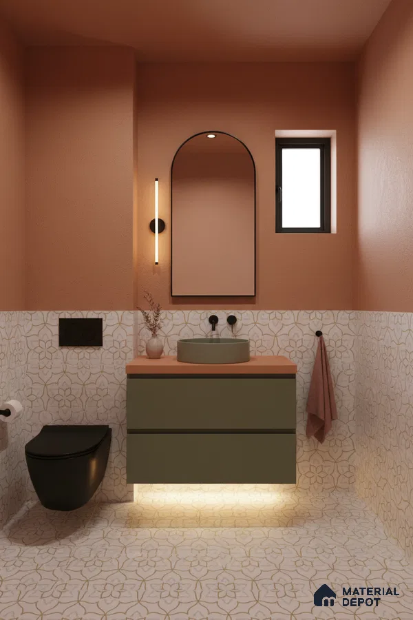 Modern bathroom with olive green vanity, terracotta wall paint, and floral patterned tiles in Bengaluru | Material Depot