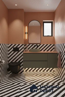Modern bathroom with olive green vanity, terracotta walls, and black-and-white diagonal striped tiles in Bengaluru | Material Depot