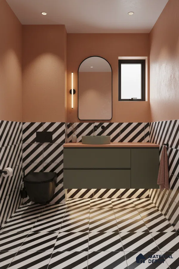 Modern bathroom with olive green vanity, terracotta walls, and black-and-white diagonal striped tiles in Bengaluru | Material Depot
