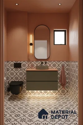 Modern bathroom with olive green vanity, terracotta walls, and black-and-white geometric patterned tiles in Bengaluru | Material Depot