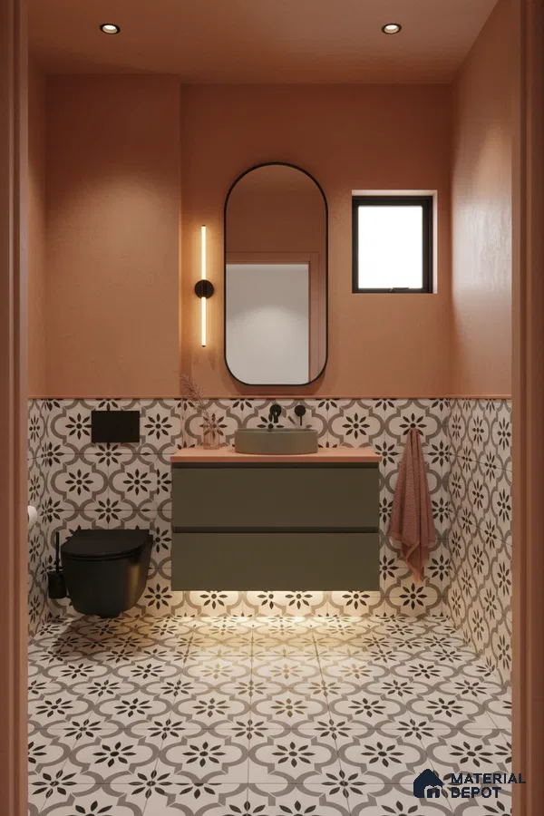 Modern bathroom with olive green vanity, terracotta walls, and black-and-white geometric patterned tiles in Bengaluru | Material Depot