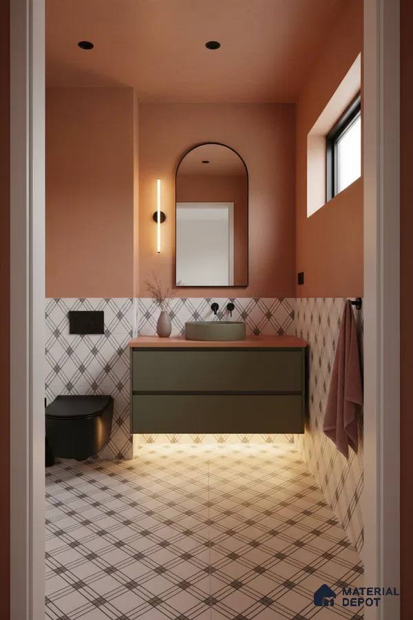 Modern bathroom with olive green vanity, terracotta walls, and plaid patterned tiles in Bengaluru | Material Depot