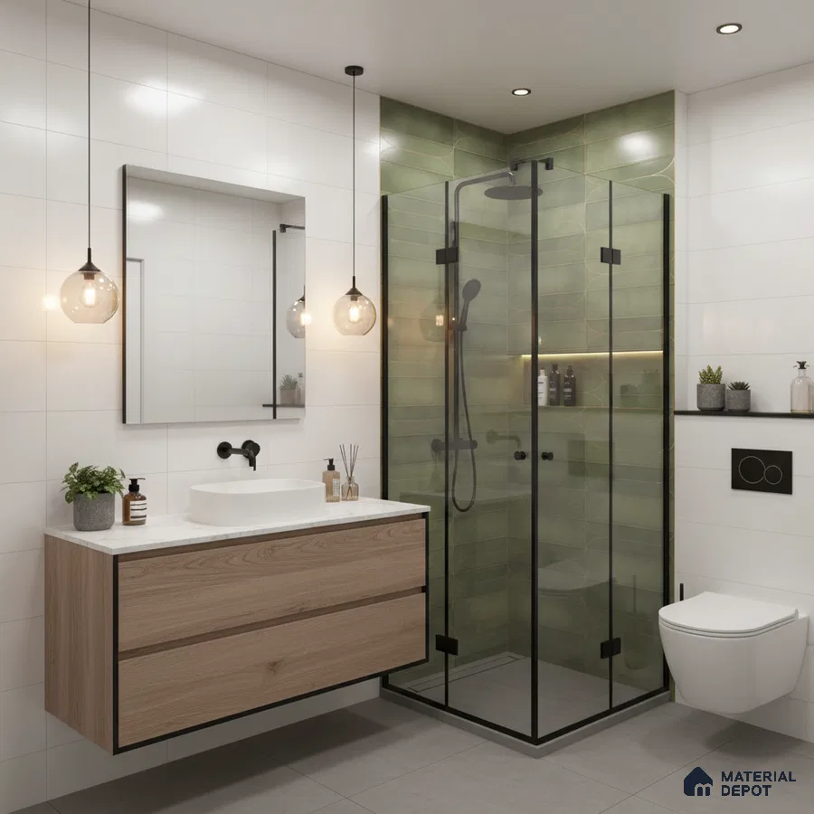 Modern bathroom with olive green wall tiles, white wall tiles, and wood vanity | Material Depot