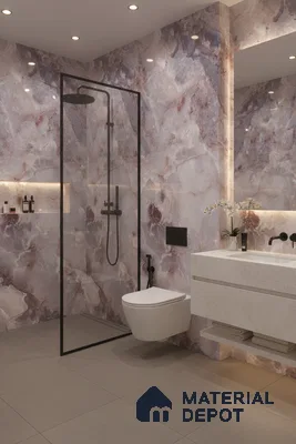 Modern bathroom with onyx marble look wall tiles and matte beige floor tiles | Material Depot