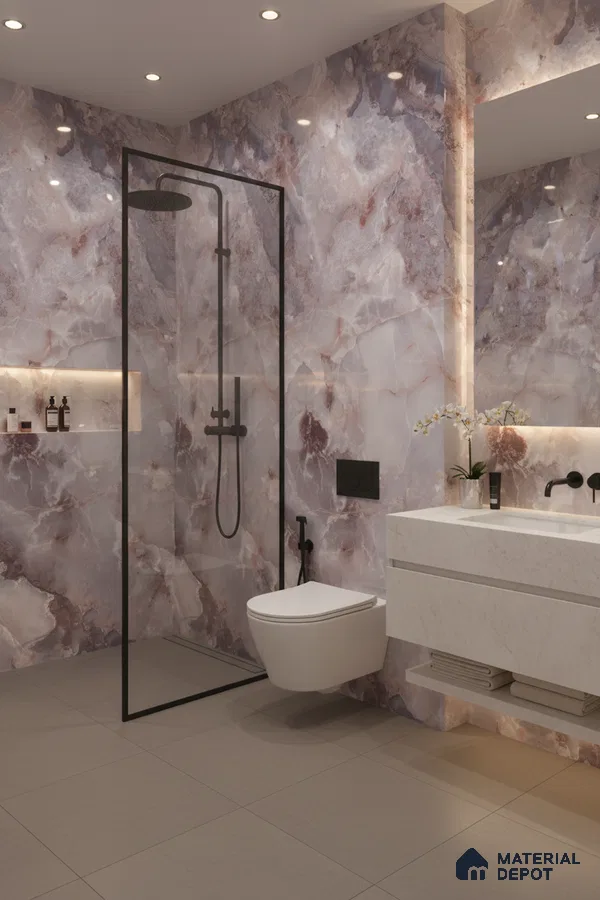 Modern bathroom with onyx marble look wall tiles and matte beige floor tiles | Material Depot
