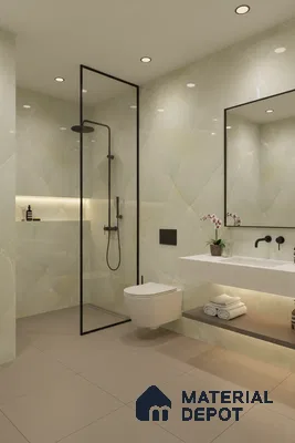Modern bathroom with onyx marble-look wall tiles and beige matte floor tiles | Material Depot