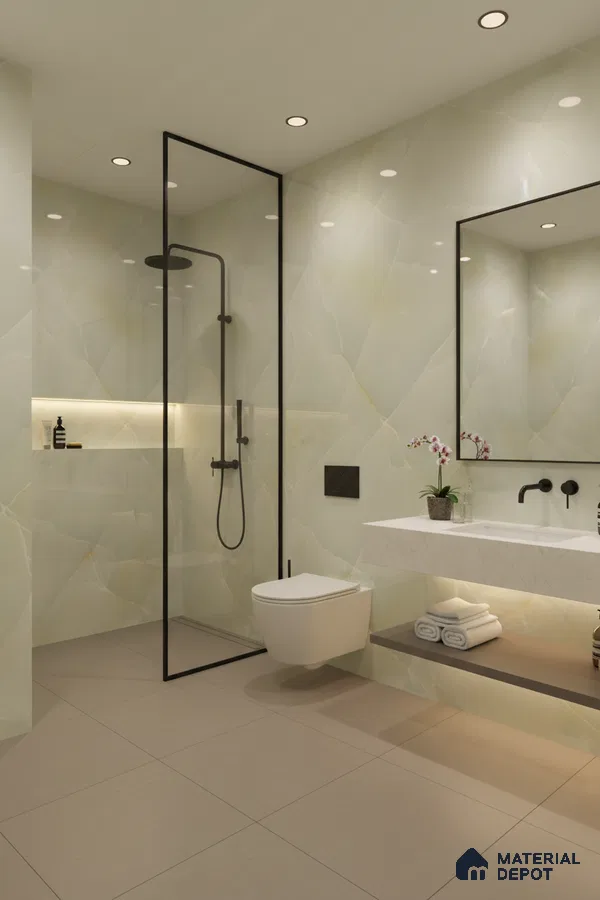 Modern bathroom with onyx marble-look wall tiles and beige matte floor tiles | Material Depot