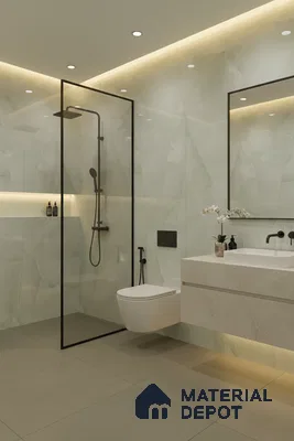 Modern bathroom with onyx-look wall tiles and beige matte floor tiles | Material Depot
