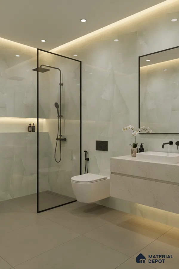 Modern bathroom with onyx-look wall tiles and beige matte floor tiles | Material Depot