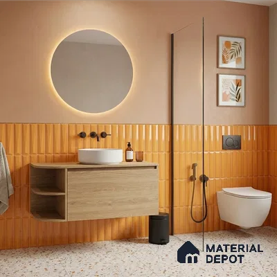 Modern bathroom with orange fluted wall tiles, terrazzo floor tiles, and oak wood floating vanity