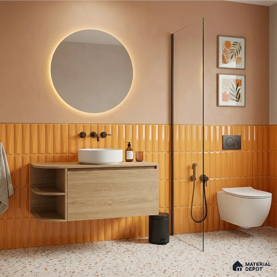 Modern bathroom with orange fluted wall tiles, terrazzo floor tiles, and oak wood floating vanity