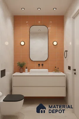 Modern bathroom with orange kitkat wall tiles and marble-look floor tiles | Material Depot