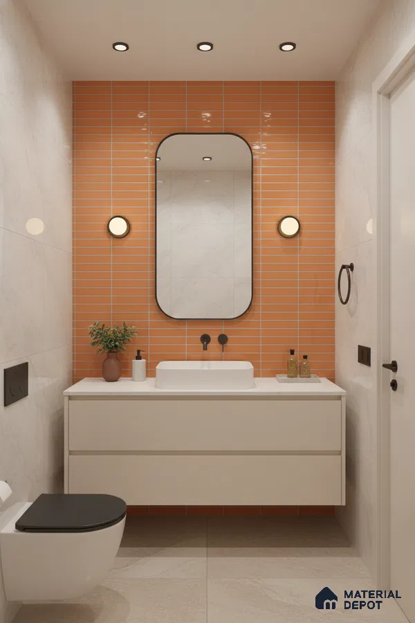 Modern bathroom with orange kitkat wall tiles and marble-look floor tiles | Material Depot