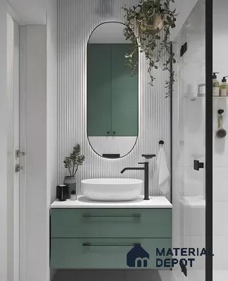 Modern Bathroom With Oval Led Mirror, Green Vanity, And Hanging Plant | Material Depot