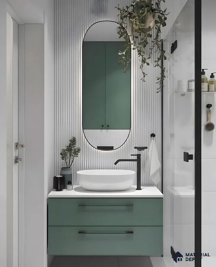 Modern Bathroom With Oval Led Mirror, Green Vanity, And Hanging Plant | Material Depot