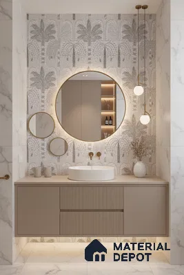 Modern bathroom design with palm patterned tile, beige fluted vanity, and white marble wall tiles in Bengaluru | Material Depot