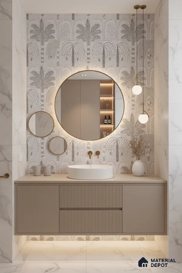 Modern bathroom design with palm patterned tile, beige fluted vanity, and white marble wall tiles in Bengaluru | Material Depot