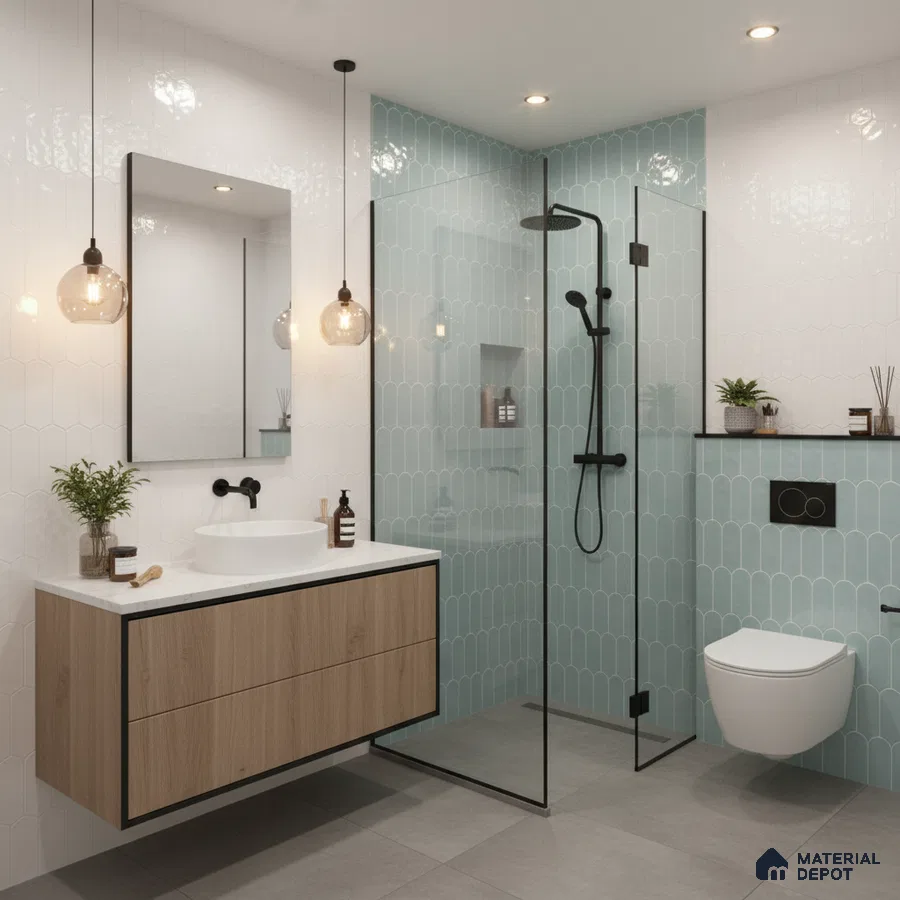 Modern bathroom with pastel blue scallop wall tiles, white wall tiles, and light oak floating vanity | Material Depot