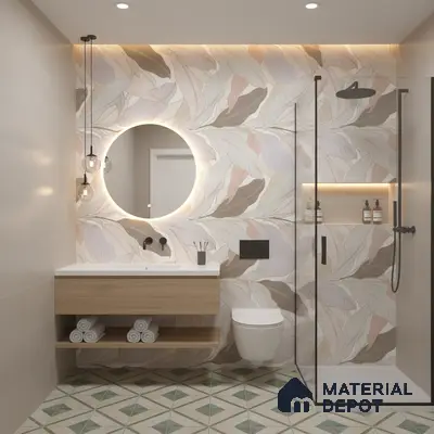 Modern bathroom design with pastel leaf-patterned highlighter wall tiles, geometric green floor tiles, and wood vanity in Bengaluru | Material Depot