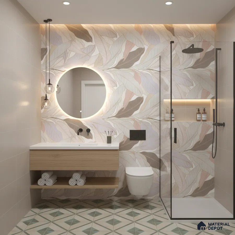 Modern bathroom design with pastel leaf-patterned highlighter wall tiles, geometric green floor tiles, and wood vanity in Bengaluru | Material Depot