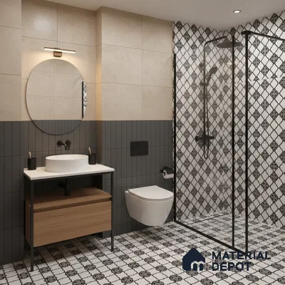 Modern bathroom with patterned black-and-white floor tiles, beige wall tiles, and grey vertical subway wall tiles in Bengaluru | Material Depot