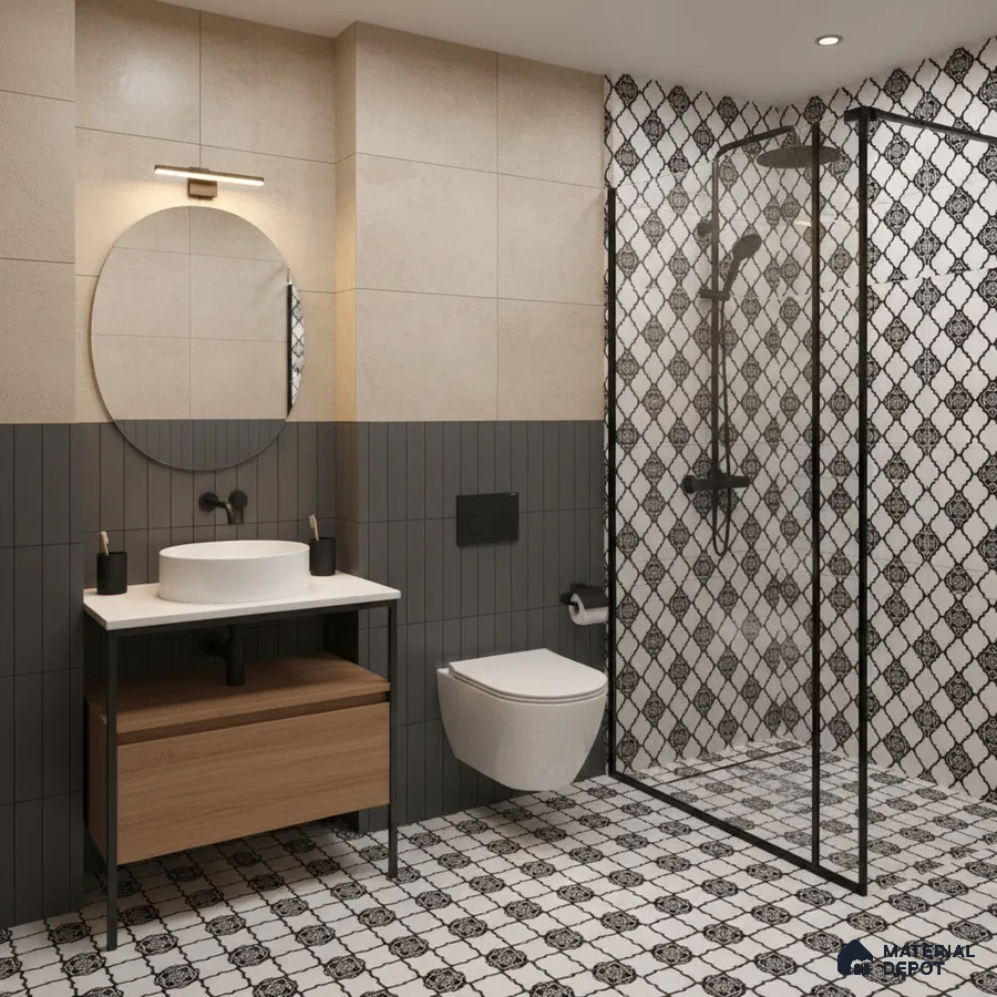 Modern bathroom with patterned black-and-white floor tiles, beige wall tiles, and grey vertical subway wall tiles in Bengaluru | Material Depot