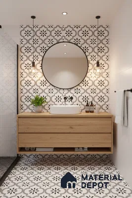 Modern bathroom with patterned black-and-white geometric tiles and light oak floating vanity in Bengaluru | Material Depot