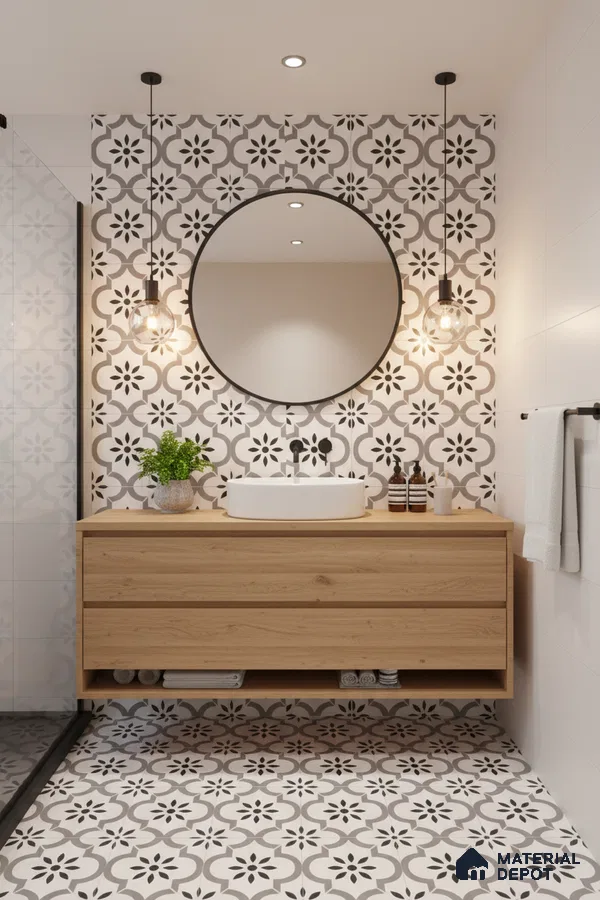 Modern bathroom with patterned black-and-white geometric tiles and light oak floating vanity in Bengaluru | Material Depot