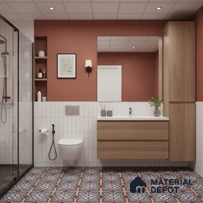 Modern bathroom with patterned blue and terracotta floor tiles, white vertical subway wall tiles, and oak wood laminate vanity | Material Depot