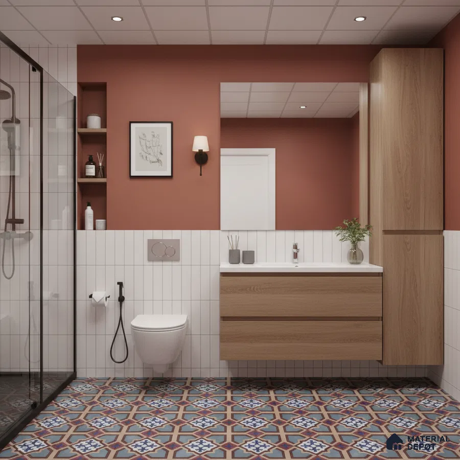 Modern bathroom with patterned blue and terracotta floor tiles, white vertical subway wall tiles, and oak wood laminate vanity | Material Depot