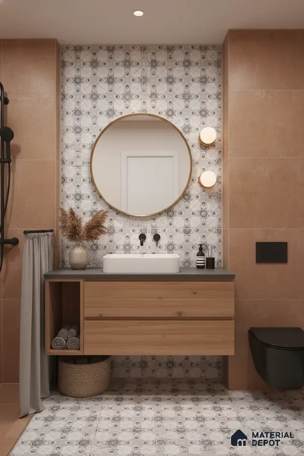 Modern bathroom with patterned grey and white tiles, tan stone wall tiles, and wood vanity in Bengaluru | Material Depot