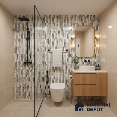 Modern bathroom with patterned kitkat wall tiles, beige floor tiles, and light oak floating vanity | Material Depot