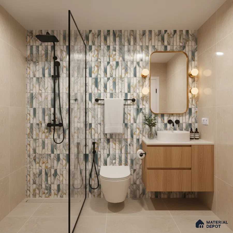 Modern bathroom with patterned kitkat wall tiles, beige floor tiles, and light oak floating vanity | Material Depot