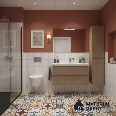 Modern bathroom with patterned moroccan floor tiles, vertical white subway wall tiles, and oak wood vanity | Material Depot