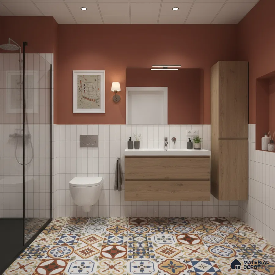 Modern bathroom with patterned moroccan floor tiles, vertical white subway wall tiles, and oak wood vanity | Material Depot