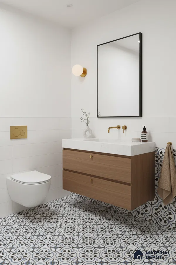 Modern bathroom with patterned moroccan floor tiles, white quartz countertop, and wood laminate vanity in Bengaluru | Material Depot