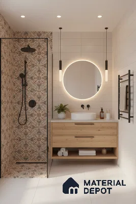 Modern bathroom with patterned moroccan shower tiles, light oak vanity, and matte white wall tiles in Bengaluru | Material Depot