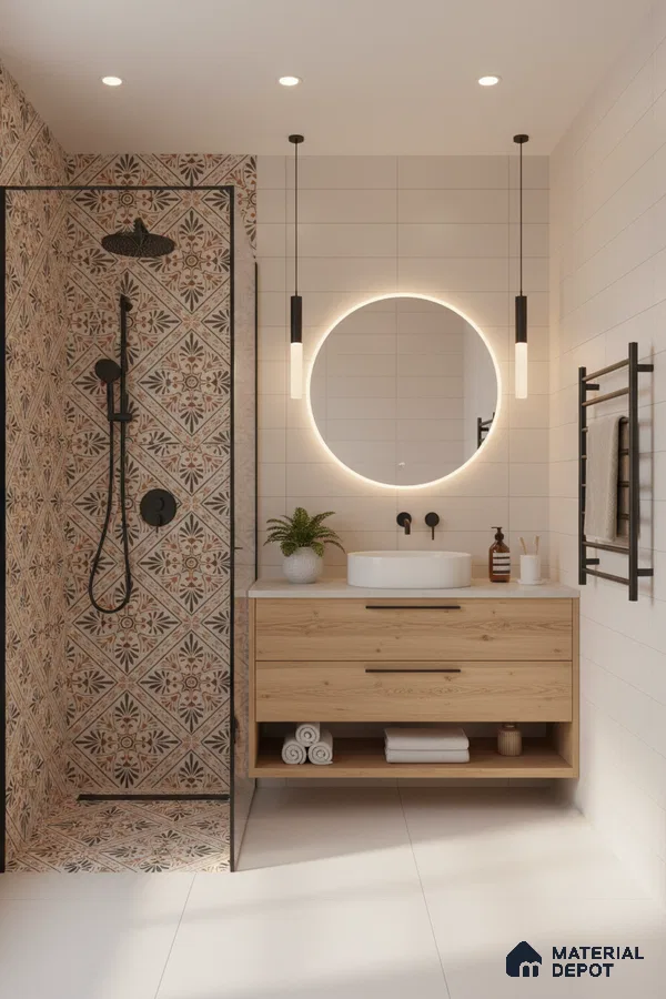 Modern bathroom with patterned moroccan shower tiles, light oak vanity, and matte white wall tiles in Bengaluru | Material Depot