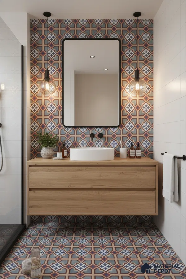 Modern bathroom with patterned moroccan tiles and natural wood vanity in Bengaluru | Material Depot
