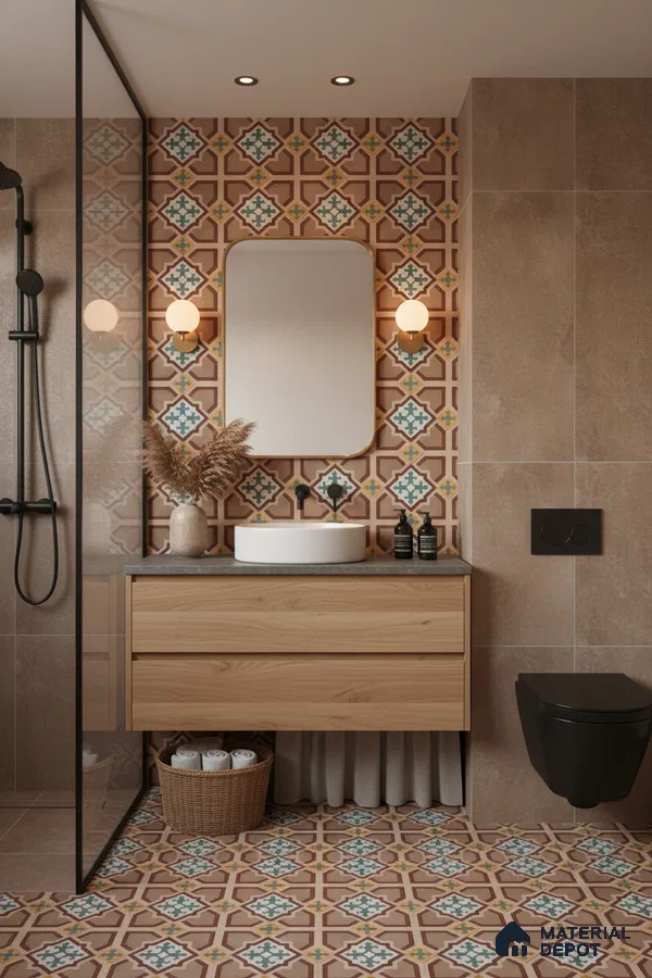 Modern bathroom with patterned moroccan tiles, beige stone wall tiles, and oak wood vanity in Bengaluru | Material Depot